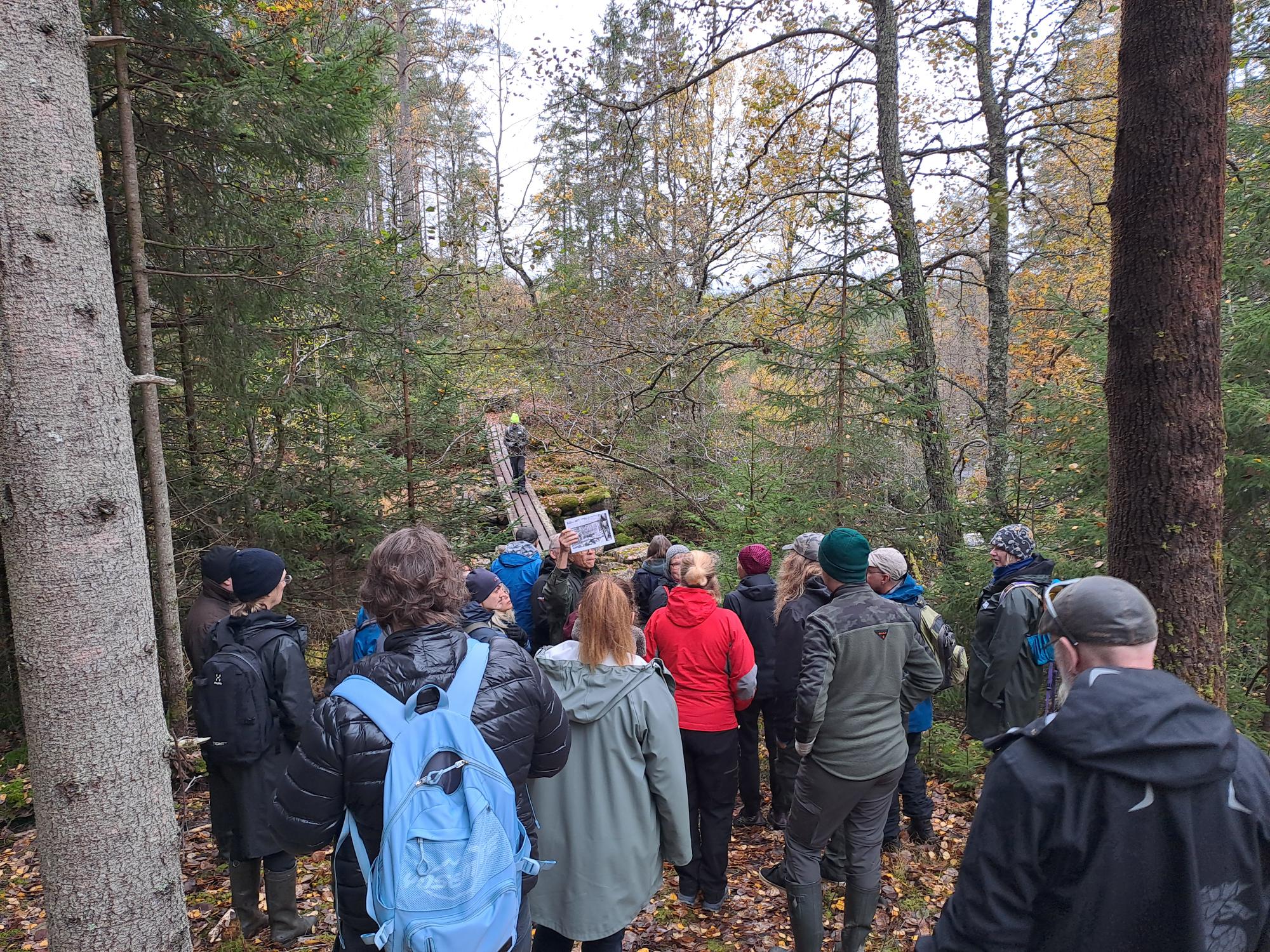 Människor samlade vid vattendrag i skog